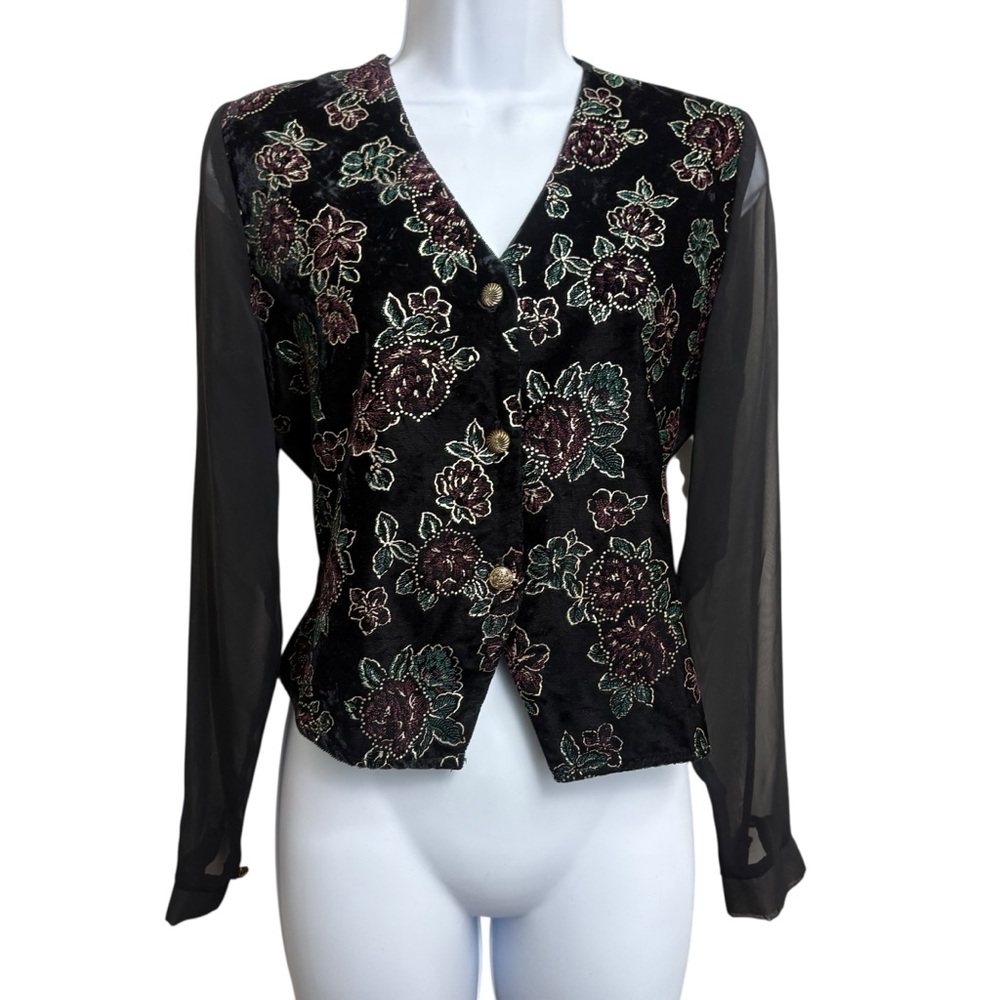 vintage 90’s TR Bentley‎ black velvet floral blouse sheer sleeves Tie Waist Sz M